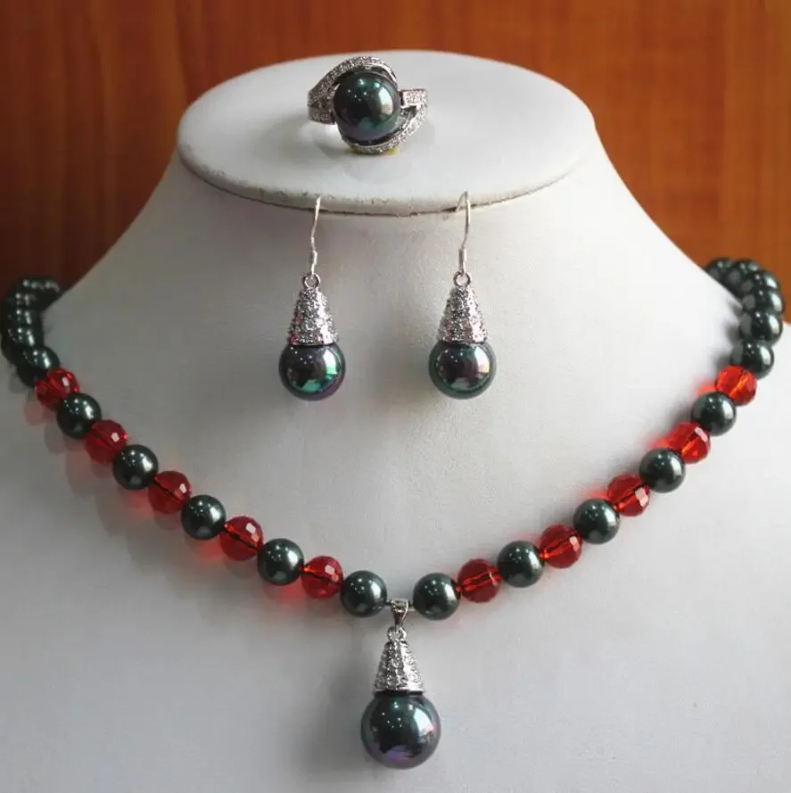 

birthday gift! jewelry set!Wholesale noble Women's 8mm black pearl mixed red crystal Necklace earring ring(7/8/9)