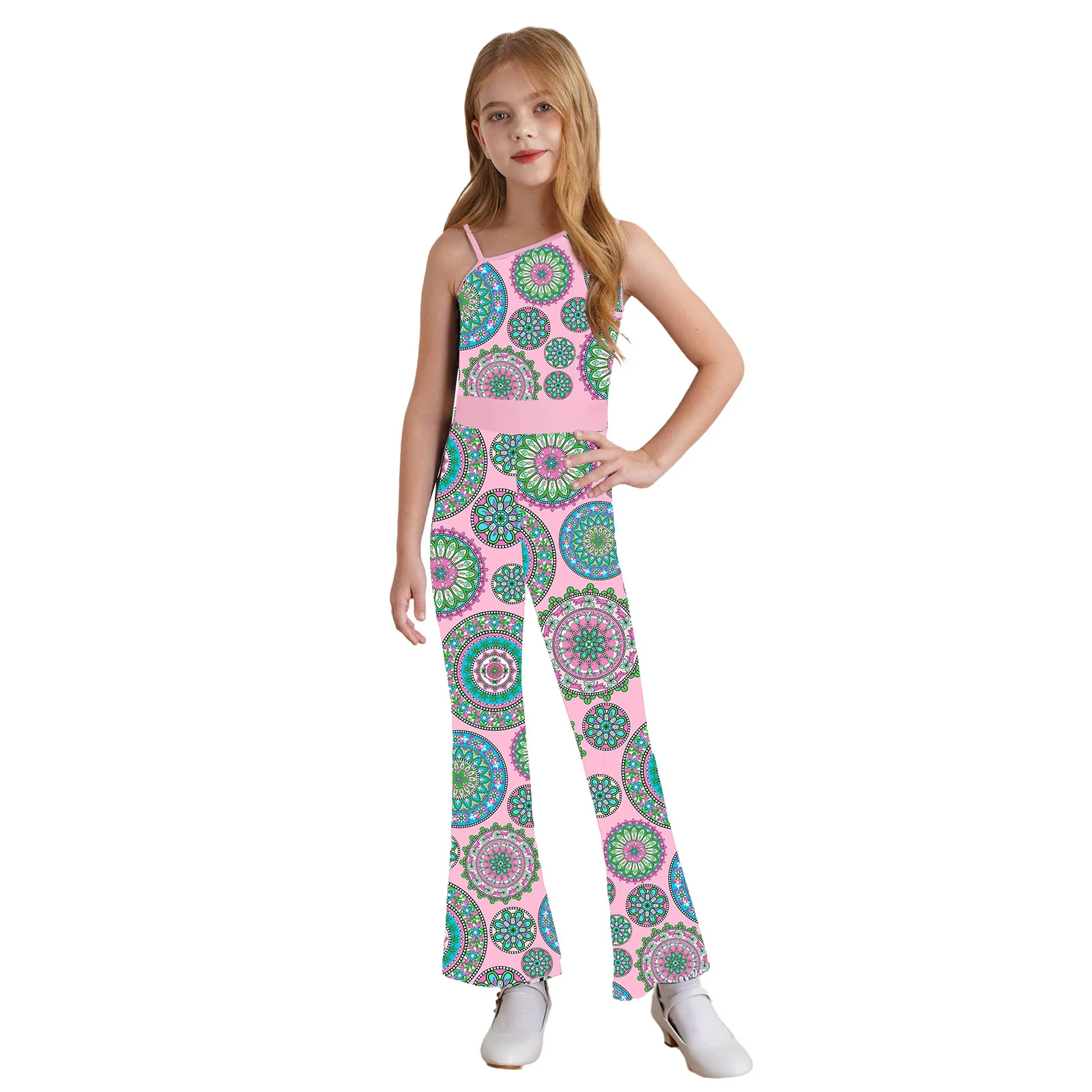 Disco Dance Jumpsuit Hippie Costume for Kids Girls Child Sleeveless Printed Bodysuit Romper Retro 70s 80s Party Stage Dress Up