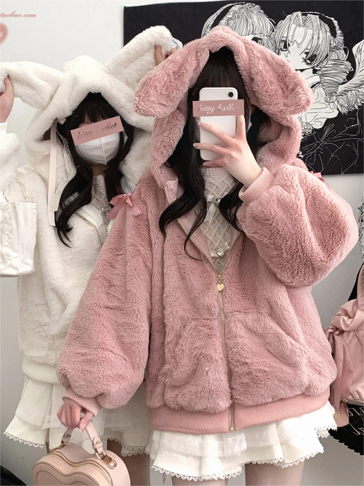 Cute Plush Rabbit Ear Strap Zipper Jacket Japanese Style Mine Series Kawaii Lolita Hooded Coat Women Thickened Warm Short Coats