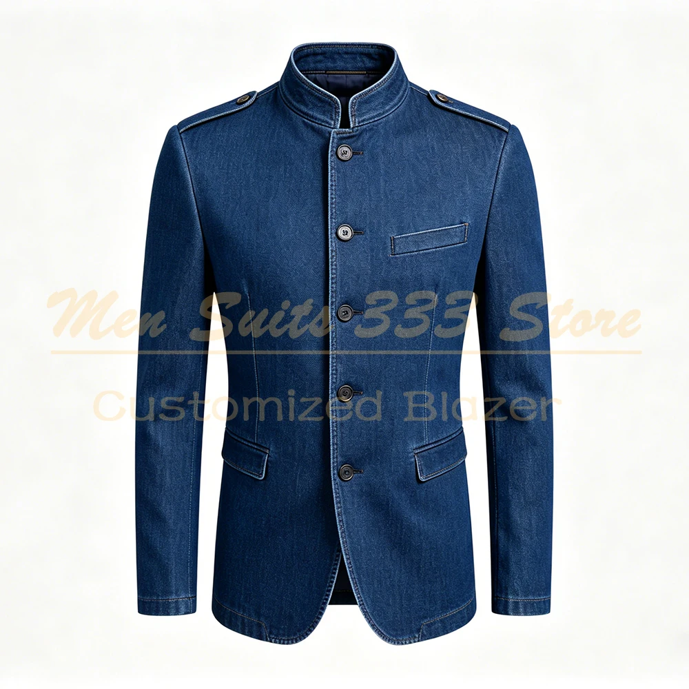 

Customized Denim Men's Suits 2026 Fashion Single Breasted Stand Lapel Slim Fit Blazer Daily 2 Piece Jacket Pants Outfits Costume