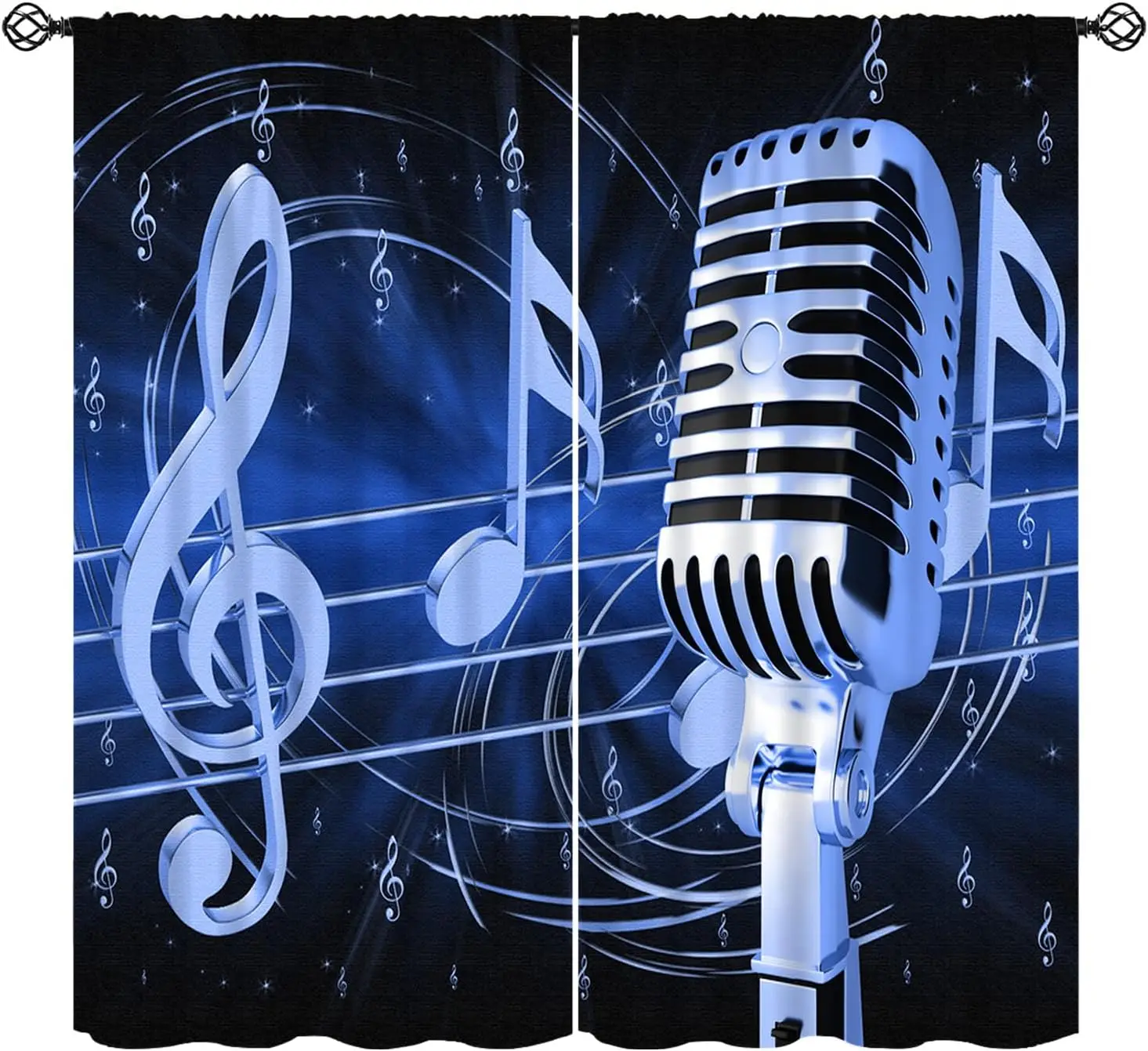 Retro Microphone Music Curtain Blue Tone Print Window Treatment for Home Studio