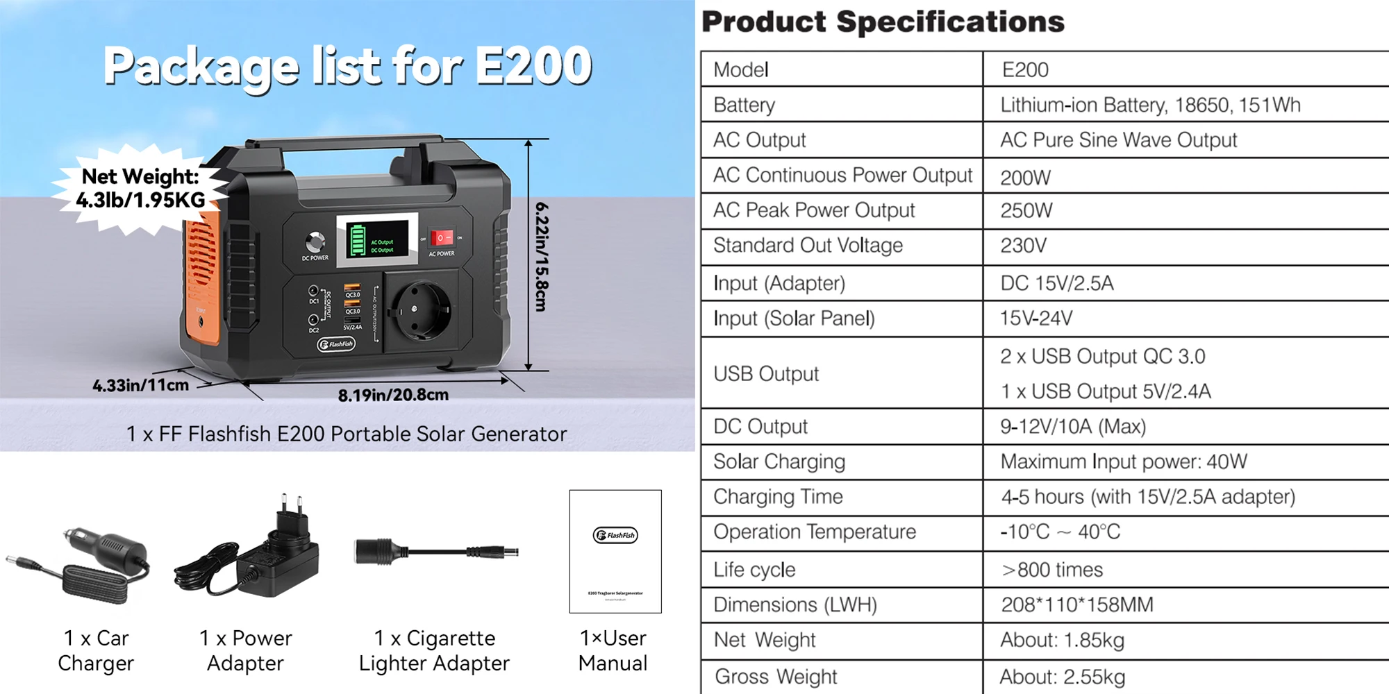 FF Flashfish E200 Draagbare Powerstation 200W 151Wh Zonne-energiegenerator 230V AC DC Batterijen Voeding Buitenbatterij