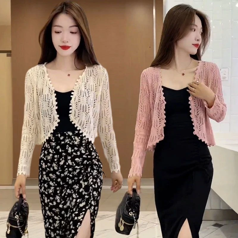 

Лето 2024, тонкий вязаный кардиган из ледяного шелка, женский топ с запахом и запахом, юбка, внешняя защита от солнца, длинный v-образный вырез...