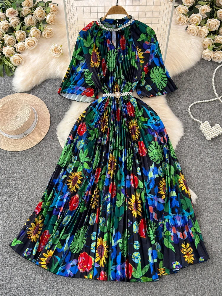 Women Vintage Floral Pleated Dress Spring Summer Stand Collar A-line Print Dresses Ladies Elegant Slim Evening Party Long Robe