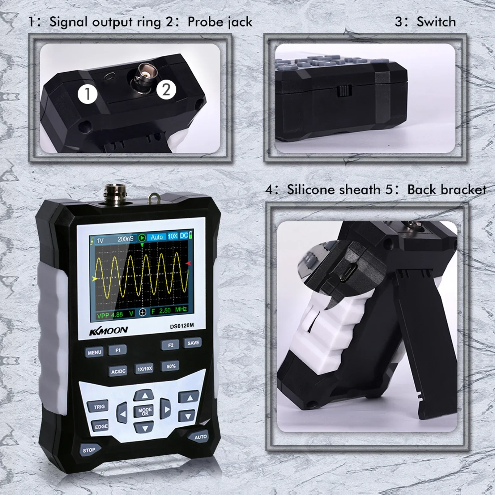 DS0120M Digital Oscilloscope 320x240 2.4 Inch TFT Screen Oscilloscope 120MHz Bandwidth 500MSa/s Sampling Rate Backlight Tool