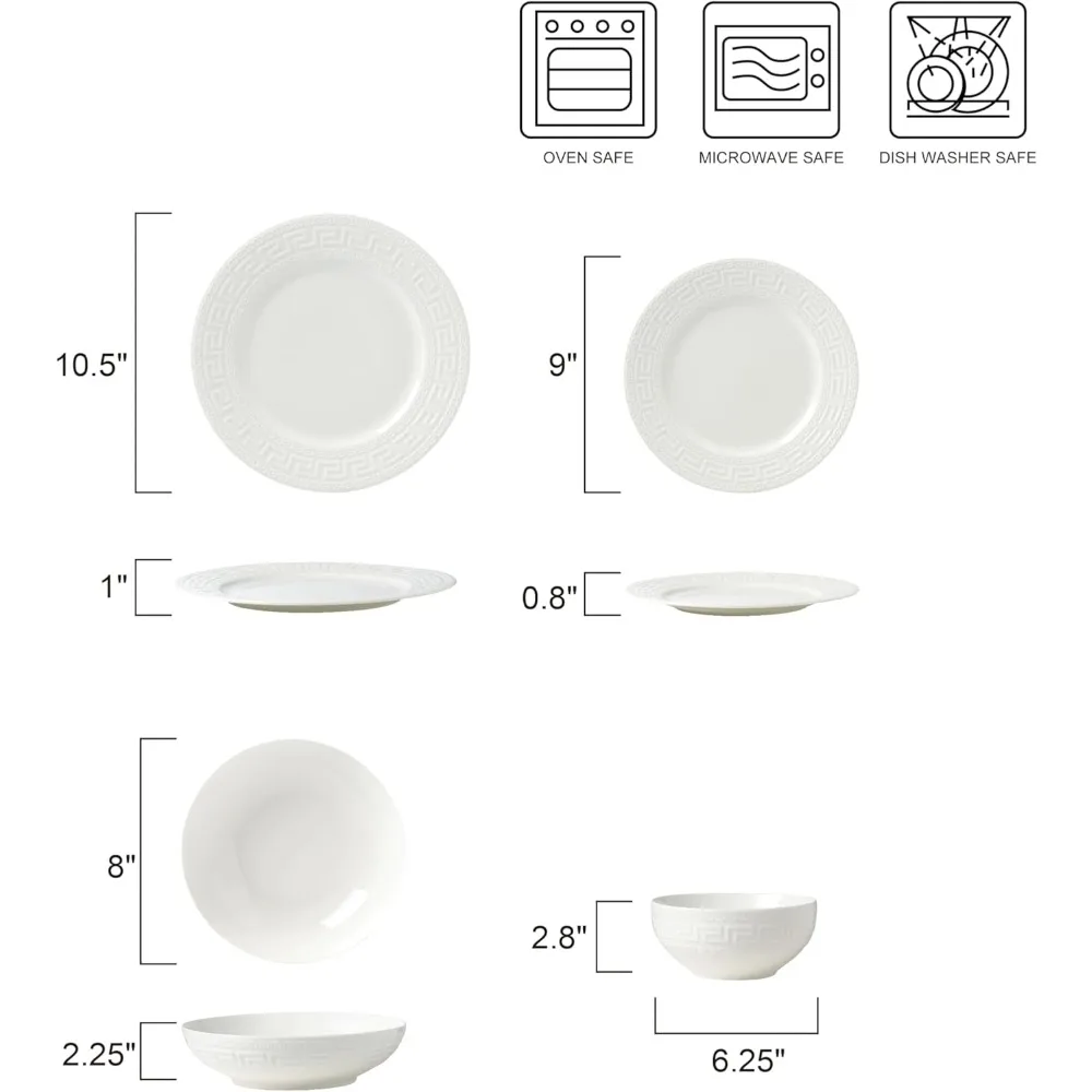 16-piece Bone China Dinnerware Set, Service for 4, Greek Key White