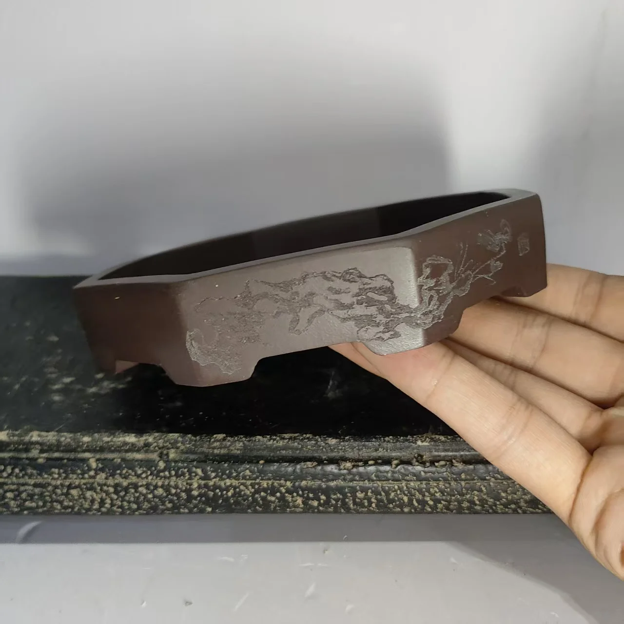 High quality Hand craved Purple clay octagon shape shallow bonsai pot