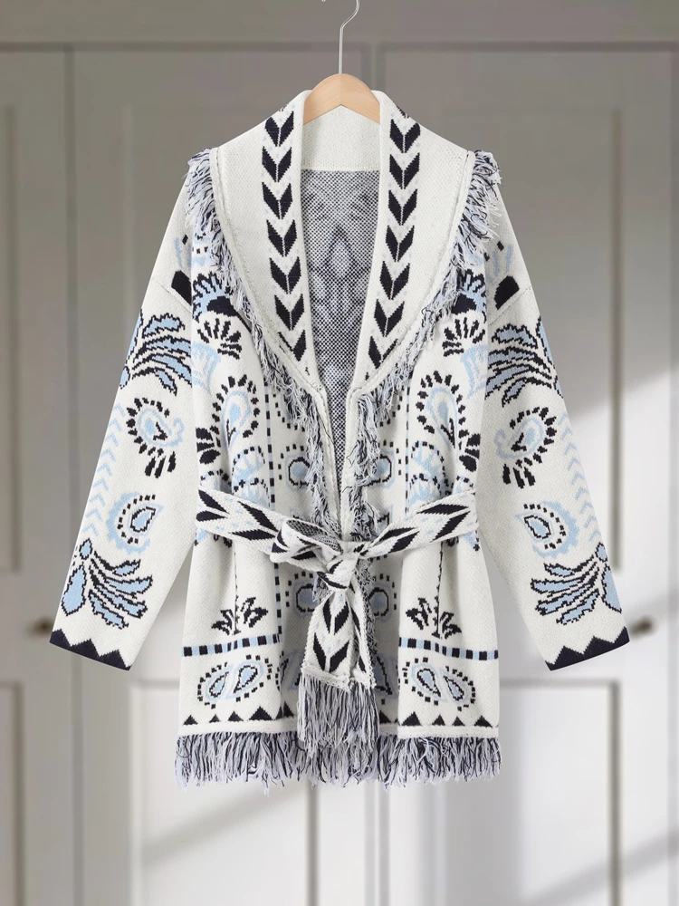 

Винтажный жаккардовый вязаный кардиган для женщин, свитер на шнуровке с v-образным вырезом и длинными рукавами, осень-зима 2022, женский толстый теплый трикотаж