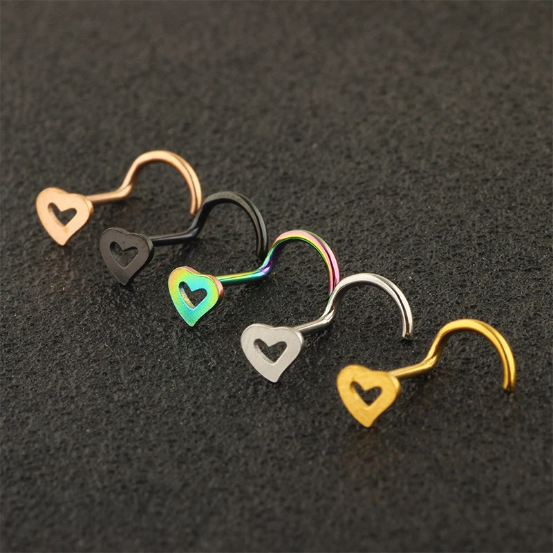 1PC Fashion Stainless Steel Heart Nose Studs Nose Hooks Bone Studs S Curved Nostril Body Piercing Jewelry 20G