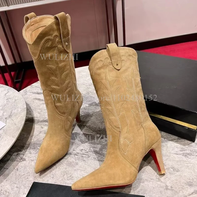 Denim Blue Totem Calf Boots Women Pointed Stilettos Red Heels Winter Zipper Casual Weave Office Lady Luxury Design Graffiti Shoe