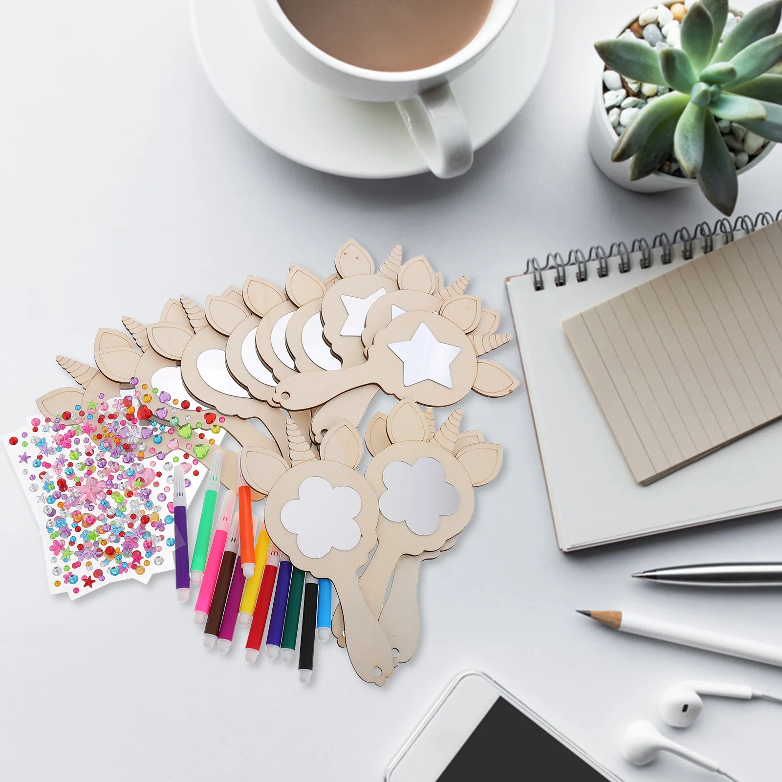 مجموعة واحدة من مرآة خشبية مبتكرة على شكل وحيد القرن يمكنك صنعها بنفسك، مرآة صغيرة محمولة غير مطلية للتلوين والتزيين بشكل لطيف