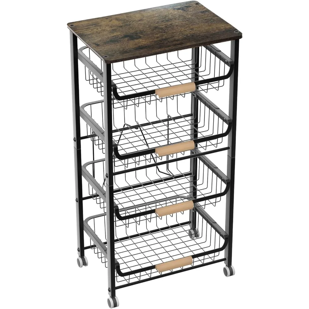 Food Storage Organizer and Rack, Stackable  cart with Desktop, Pull-Out Hollow Metal torage Basket