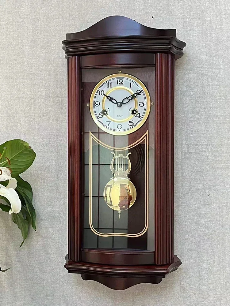 Solid Wood Mechanical Wall Clock New Chinese Style Wall Clock Ringing Old European Style Clock American Style