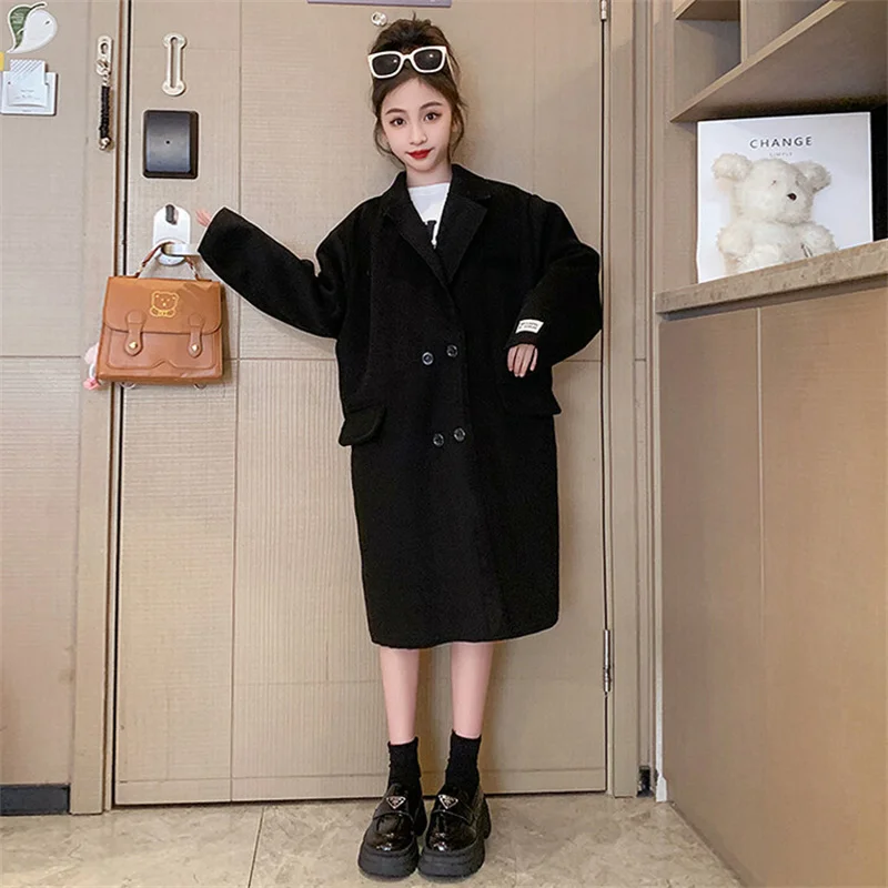 Girls Woolen Coat Overcoat Jacket Windbreak 2024 Warm Plus Thicken Autumn Winter Cotton School Children's Clothing