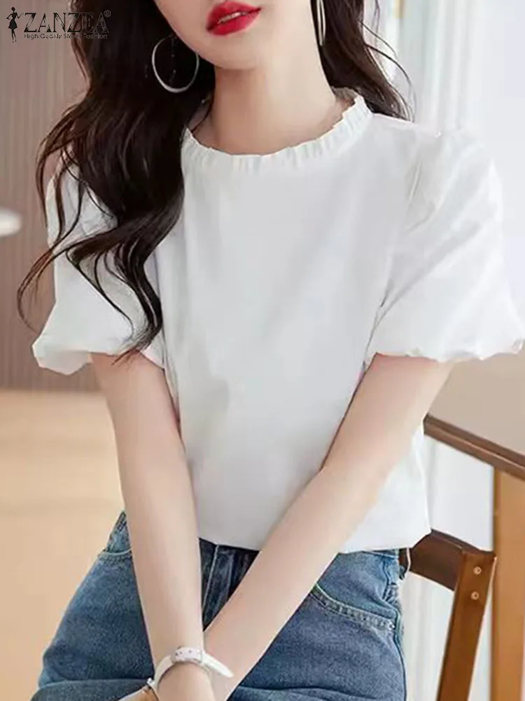 

ZANZEA Korean Fashion Puff Short Sleeve Tops 2024 Summer Women Blouse Elegant Stand Ruffled Neck Tunic Sweety Loose Solid Blusas