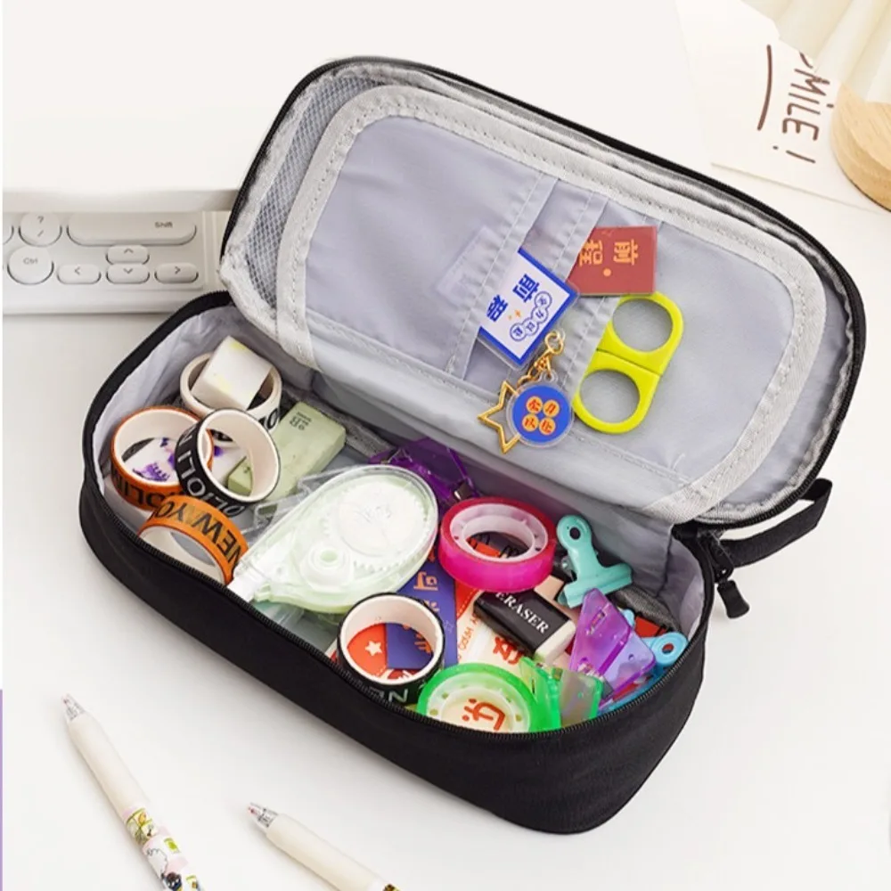 Large Capacity Pencil Cases Pen Slot Grid Pocket Students Pen Bag Multi-compartment Double Layer Stationery Storage Pouch Office