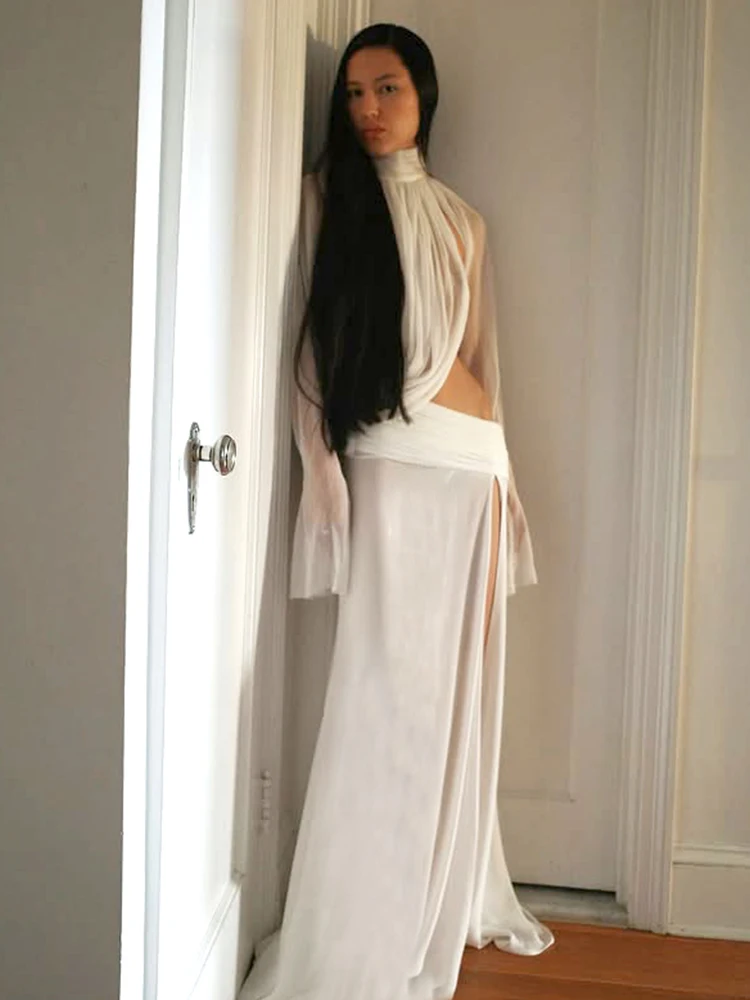 Nibber Elegant 2-Piece Set Women See Through Turtleneck Irregular Crop Top+Skirts Matching Clubwear Matching Split Sexy Suit image 4