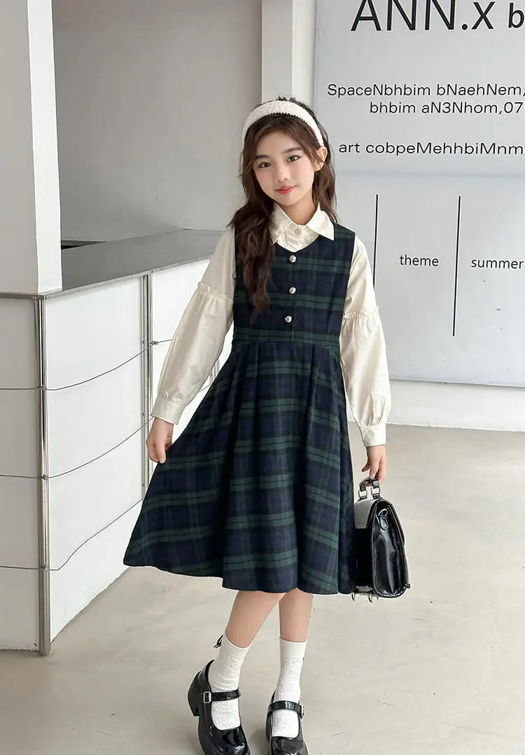 2025 Kids Dresses for Girls Green Grid Hair Vest Pleated Skirt Vest Skirt Autumn Girls Clothes Girls Dress