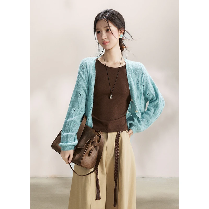 MISHOW Women's Blue Knit Cardigan V-Neck Spring 2026