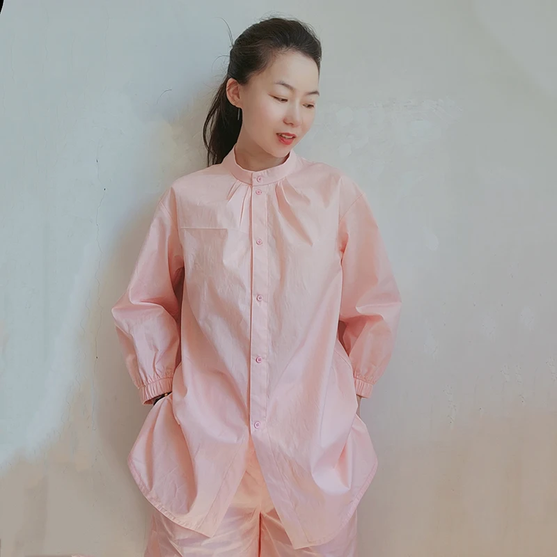 

Summer Pure Cotton Loose Casual irt Women's Button up Long Sve Elastic Mouth Stand Collar Loose Fit Open Front Top