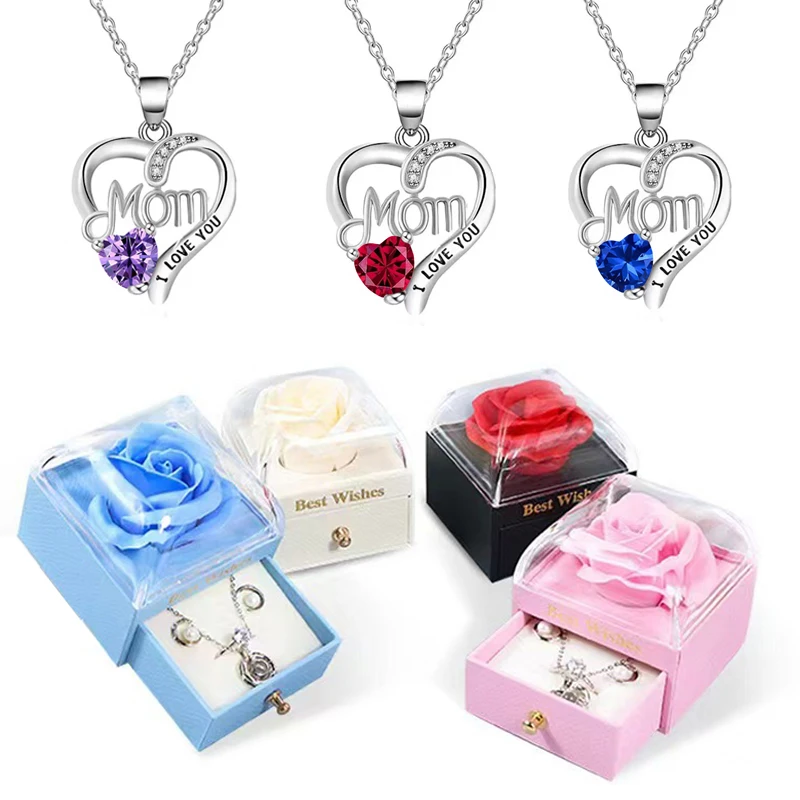 Birthstone Heart Pendant Necklace For Women With Rose Gift Box Stainless Steel Chain Fashion Jewelry Birthday Mom Christmas