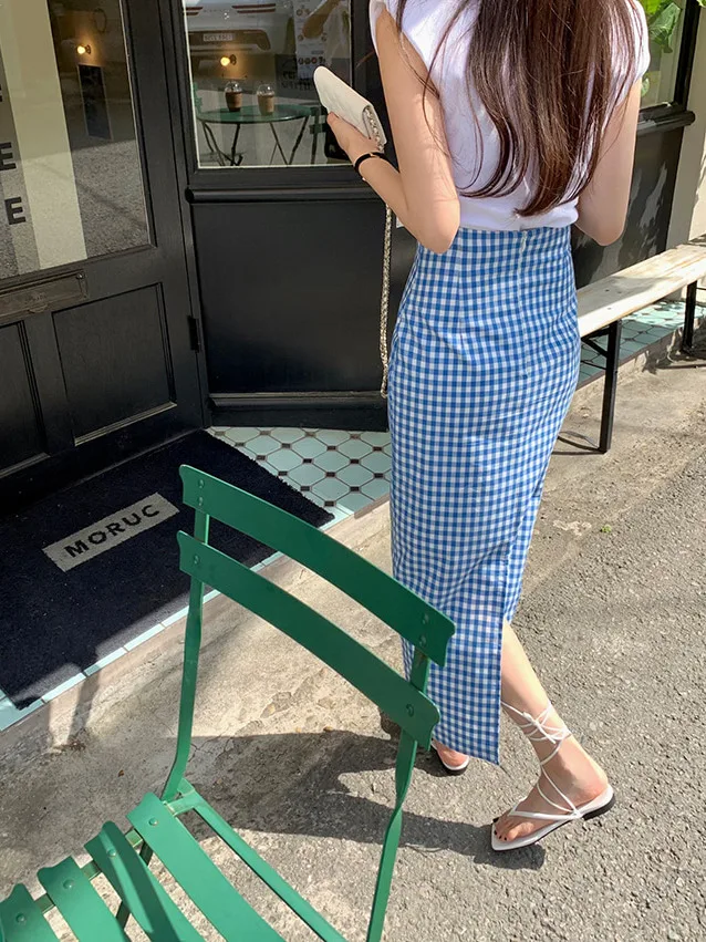 

Chic Vintage Color Blo Plaid High Waist Wrap Bodycon Skirt for Women Summer Slimming Long Skirts Fem Faion