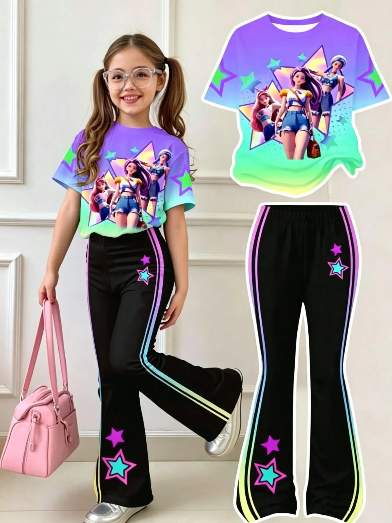 Girls' Summer Casual Outfit Set: Children's Short-Sleeve Set with Gradient Cartoon Print T-Shirt + Flared Pants Two-Piece Set Suitable for Girls over 3 Years Old, Trendy Versatile Clothing