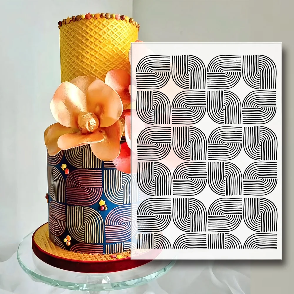 1Pc Food-Grade PET Cake Stencil, Linear Arch Geometric Repeat Pattern Template for Fondant Wedding Party Cake Decorating