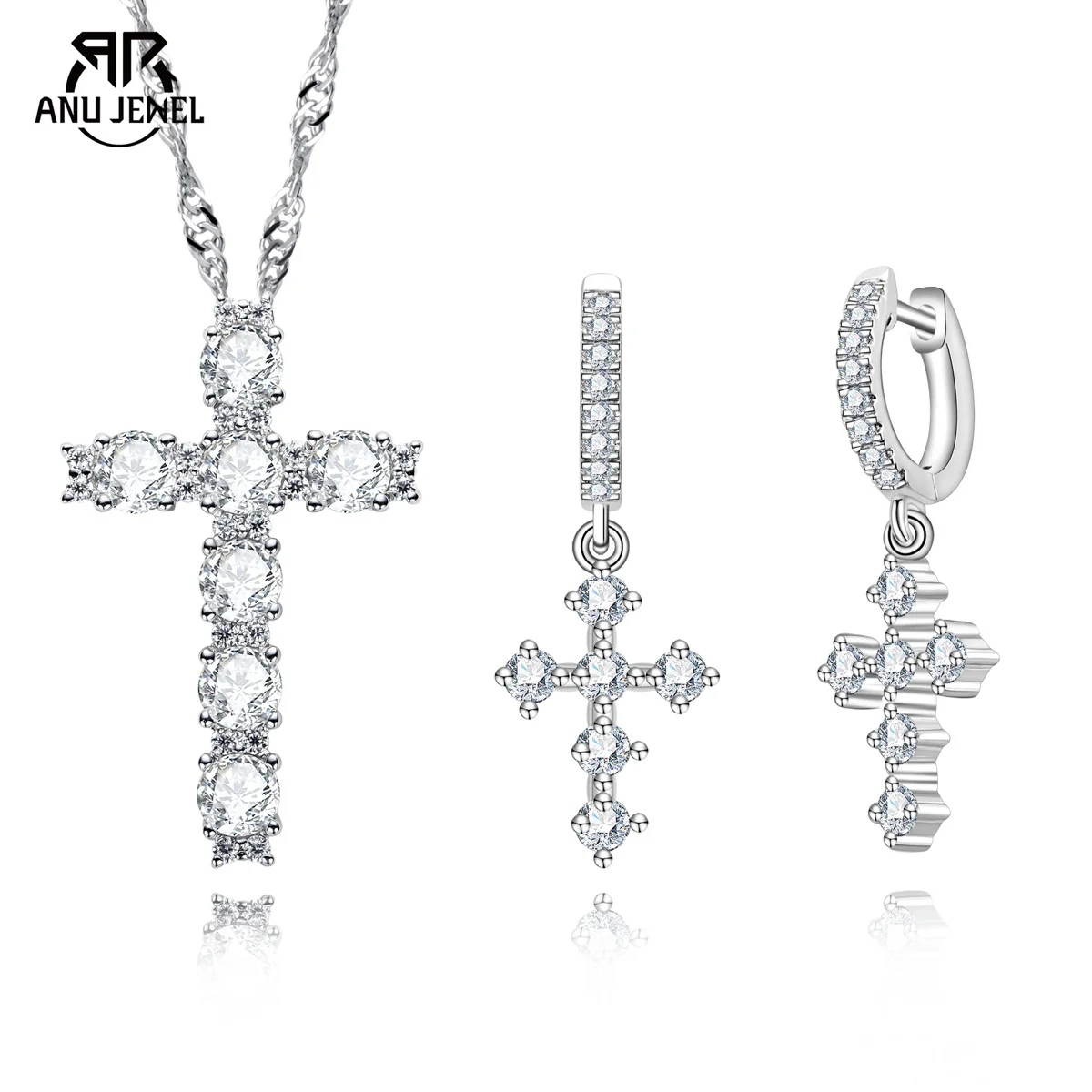

AnuJewel Moissanite 2.1cttw Cross Pendant Necklace 925 Sterling Silver 0.608cttw Iced Out Stud Earring New Age Jewelry Set