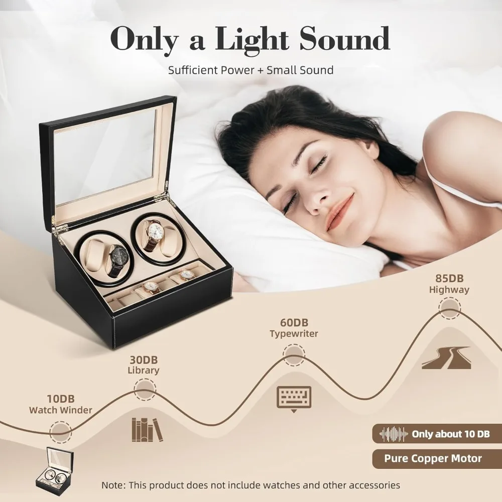 Watch Winder Box with Silent Bidirectional Motor, 4 Rotating +6 Storage Compartments, 10dB Quiet Automatic Watch Winder