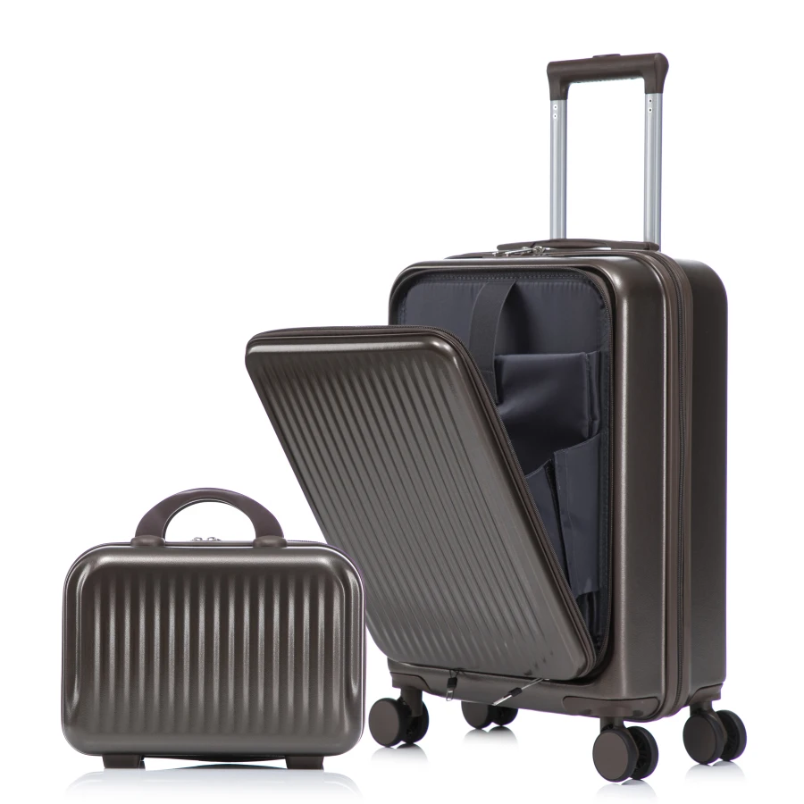 

14/20 2 pcs/set ABS spinner wheel luggage for travel, brown, lightweight and durable with combination lock and front opening de