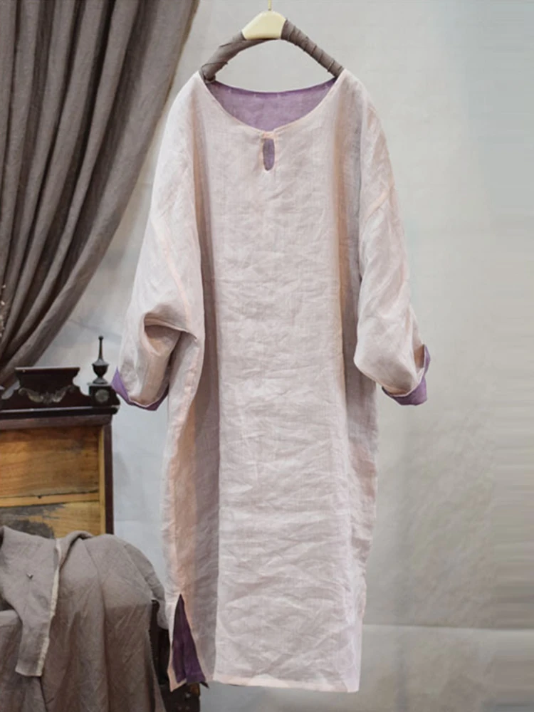 100% ramie feminino vestido casual novo 2025 primavera estilo vintage o pescoço cor sólida dupla camada solta vestidos longos femininos m1456