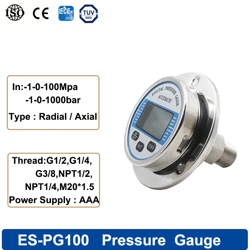 

Pressure Gauge Transmitter 316L Stainless Steel 1000bar Gas Liquid Fuel Manometer Digital Pressure 60/100mm Radial/Axial LCD