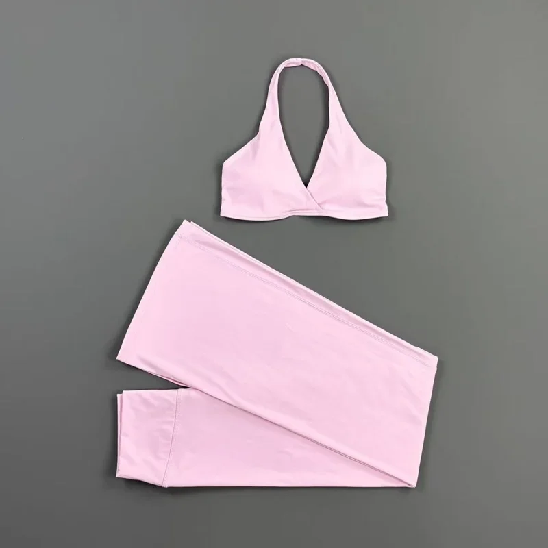 2-teiliges Origin Flares Hosen-Set: Neckholder-Sport-BH mit V-Ausschnitt, hochelastische, atmungsaktive Yoga-Schlaghose, Fitness-, Lauf- und Trainings-Set – Detail 13