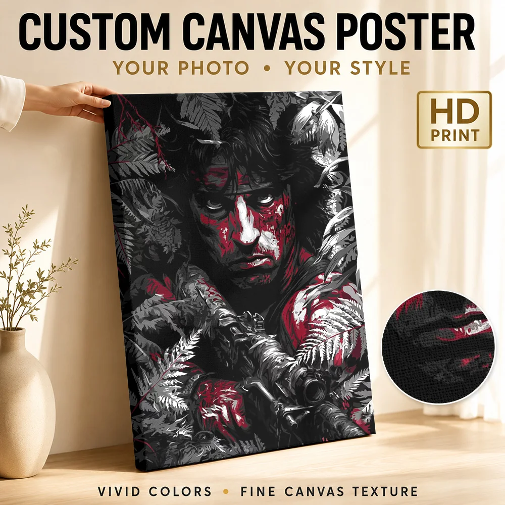 John Rambo Armed Jungle Warrior Framed Canvas Poster Customized Photo Comic Book Shading Wall Art For Home Entertainment Room