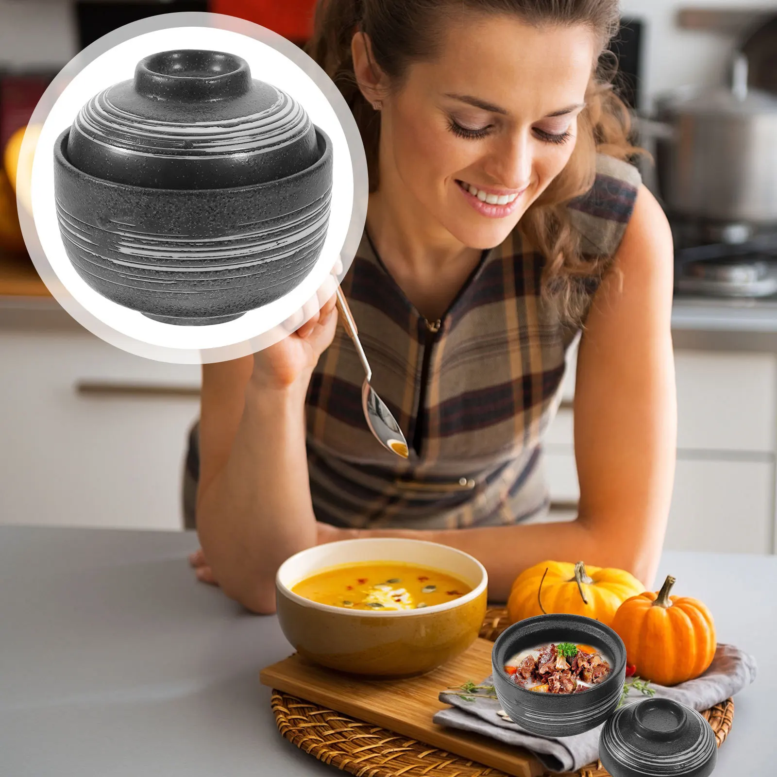 

Multi-Function Soup Bowl with Lid Japanese Design Ceramic Bowl for Hot Cold Food Easy Clean Dishwasher Safe Household Kitchen