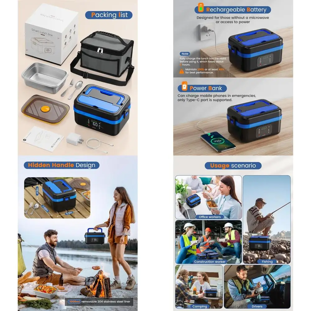 

Portable 16000mAh Rechargeable Heated Lunch Box - 1L Capacity, Insulated Bag, Fork & Spoon Included for Adults on the Go