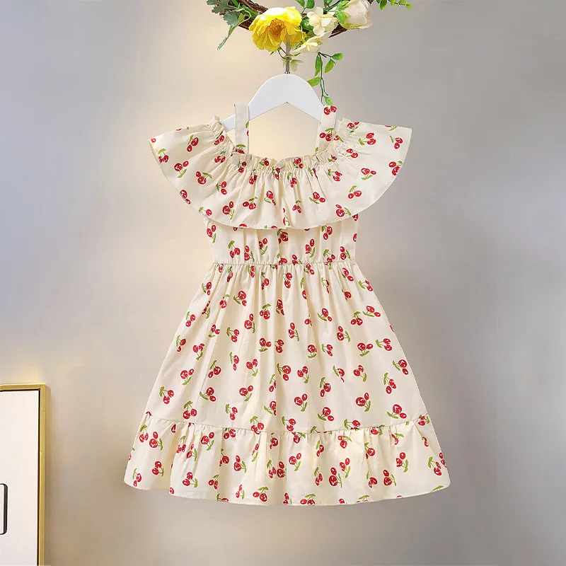 Girls Dress 2024 Summer Cotton Fan-neck Cute Princess Dress Suspenders Chic Skirt Simple Casual Style All-match Kid Dress