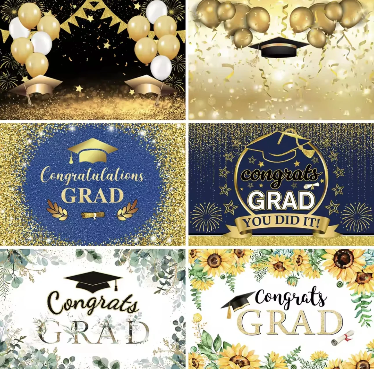 

Black Gold Graduation Background Grad Ceremony Party Decorations Bachelor Hat Glitter Balloons Class Photography Backdrops JM-01