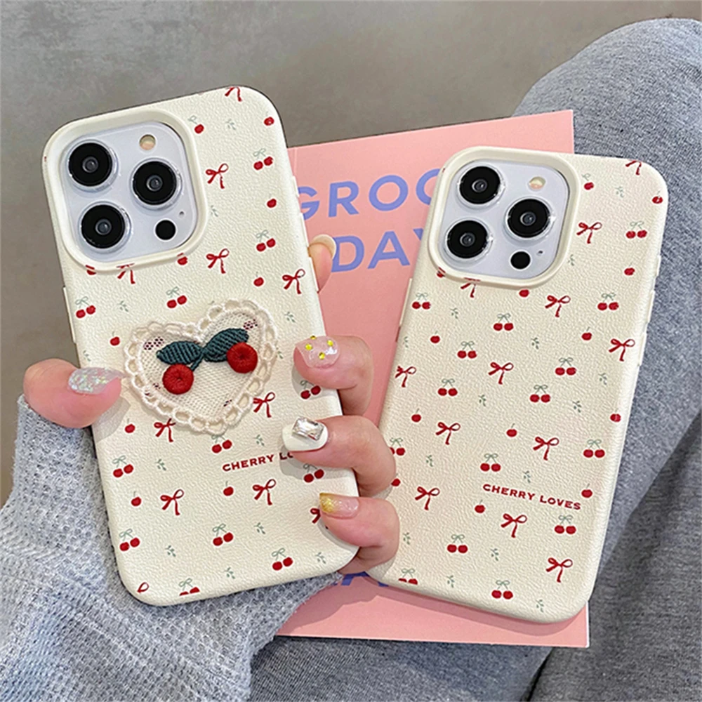 Korean Cute 3D Embroidery Cherry Bowknot Bow Leather Pattern Soft Case For iPhone 16 15 14 13 12 11 Pro Max 16 14 15 Plus Cover