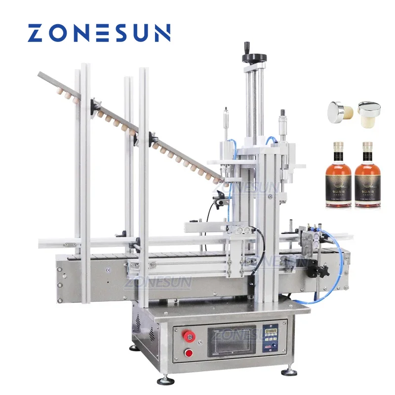 ZONESUN Automatic Pneumatic Wooden Cork Feeding Pressing Machine ZS-XG1870D1 Desktop Capping Machine for Glass Wine Bottle