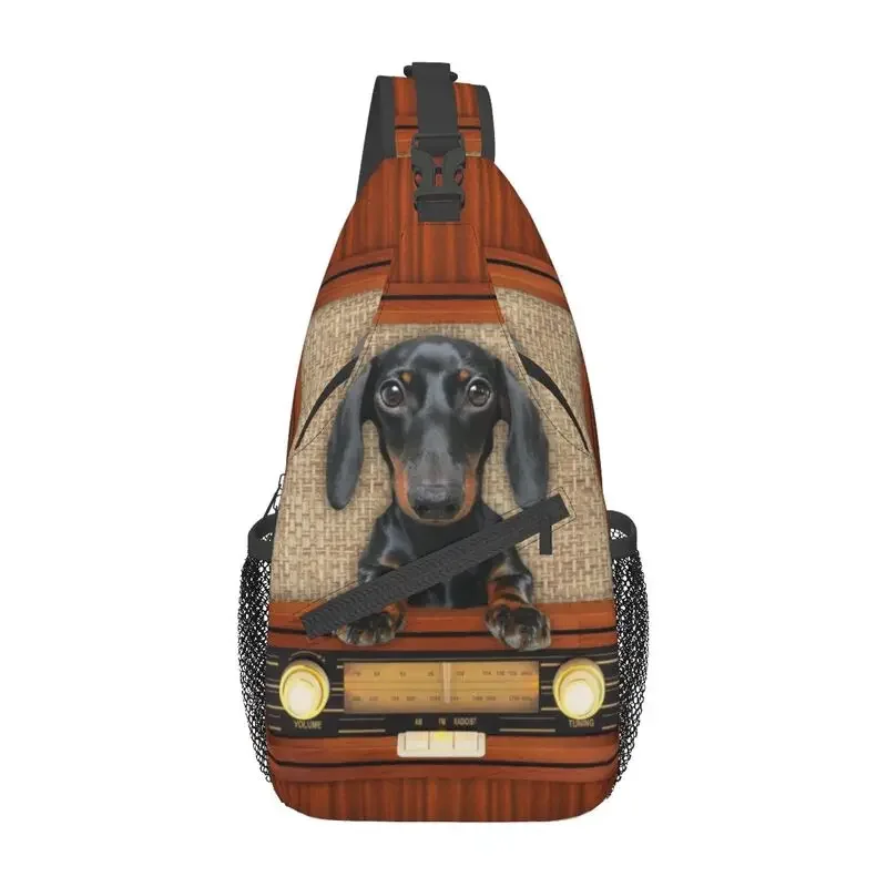 Dachshund Dog On Radio Crossbody Sling Backpack Men Custom Badger Wiener Sausage Chest Shoulder Bag for Travel Hiking Daypack