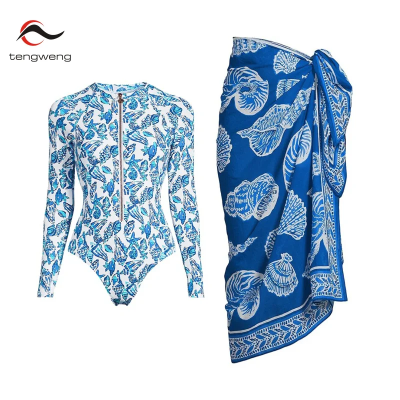 TW Printed One Piece Swimsuits With Cover Up Long Sleeve Swimwear Women Swim Suit Bath Suits Bodysuit Surfing Blue Beachwear