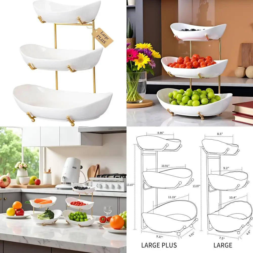 

3-Tier Metal Stand Ceramic Fruit Basket, Large Kitchen Counter Fruit Platter for Parties