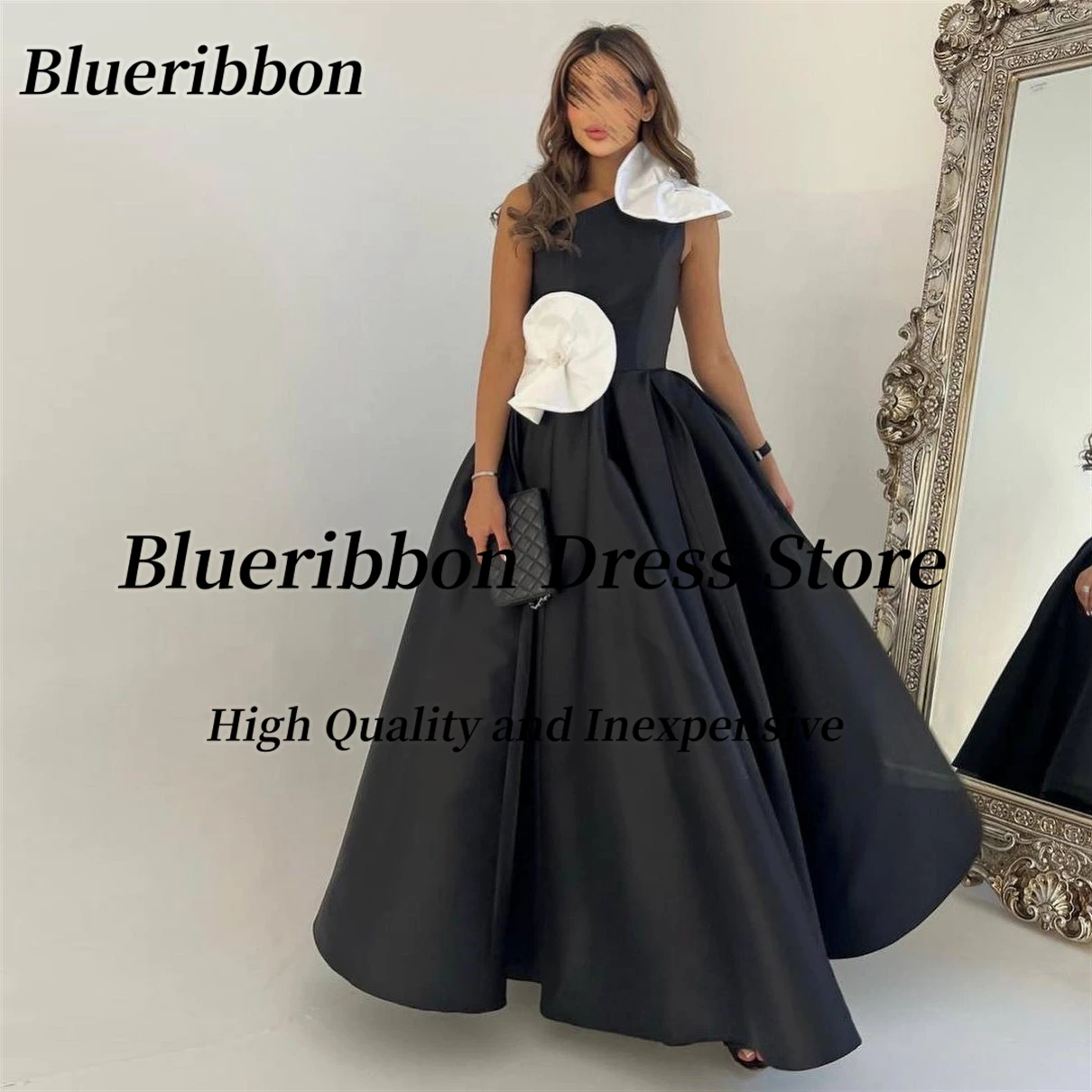 

Blueribbon Black Evening Party A Line Dresses with Sash One Shoulder Special Banquet Dress Long Ruched Bride Wear Prom Gowns