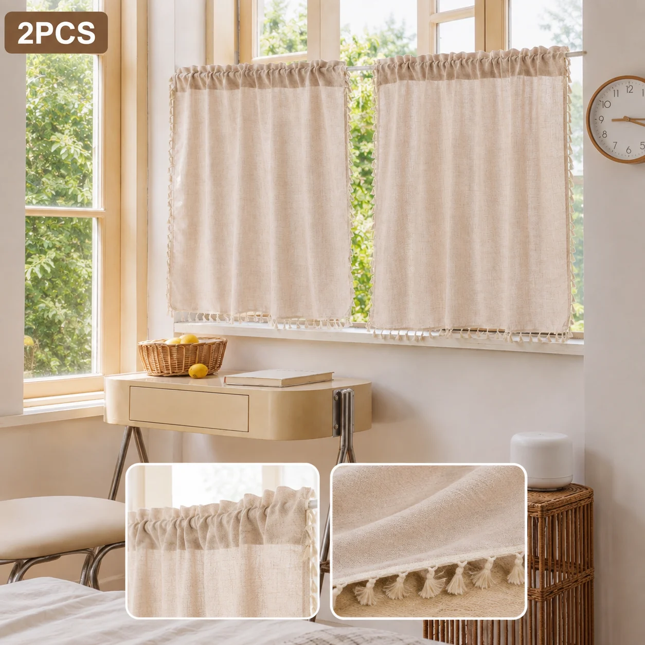 2‑Panel Farmhouse Linen Textured Café Curtains with Tassels, Rod Pocket Soft Semi‑Sheer Short Window Drapes for Kitchen Bathroom