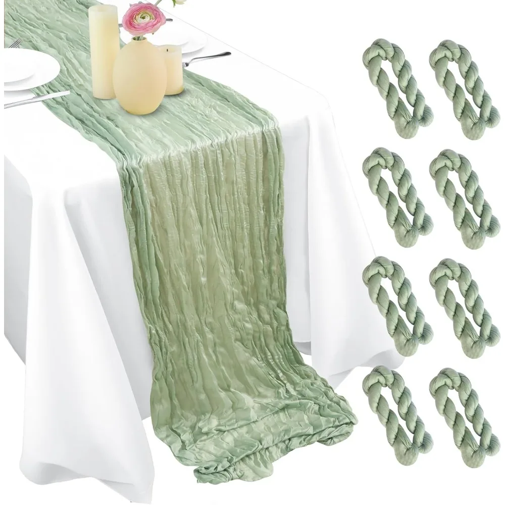 

8 Pack Sage Green Cheesecloth Table Runners, Pleated Boho Gauze Table Runner, Long Semi-Transparent Table Decorations for Parti