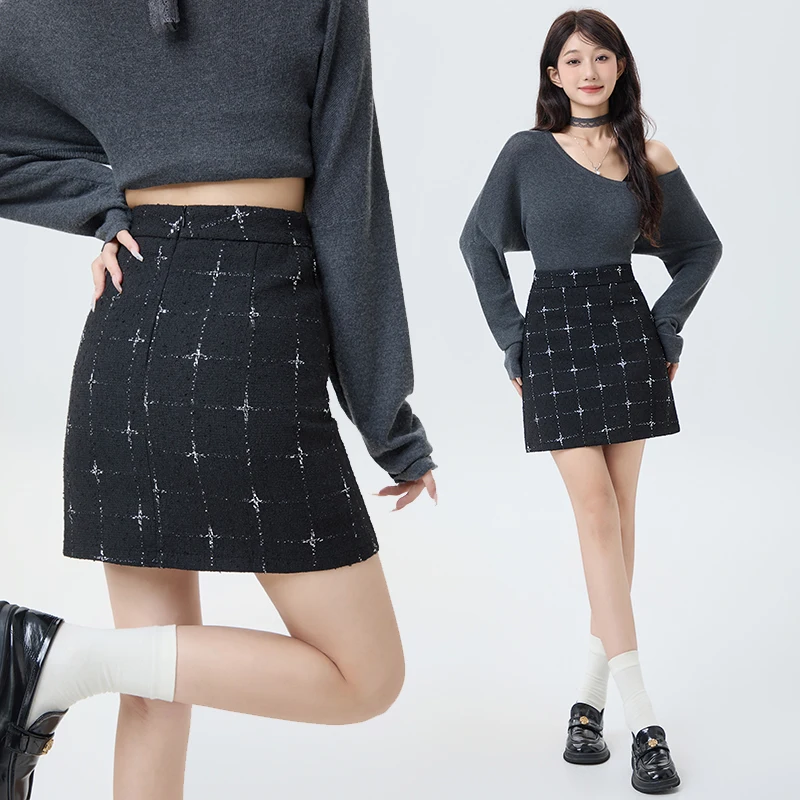 Saia feminina xadrez mini cintura alta uma linha coreano pequena fragrância cor contrastante cor sólida versátil saco de quadril saia inverno