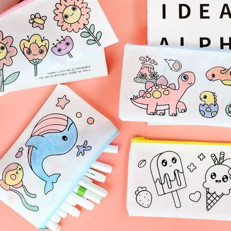 Funny Graffiti Stationery Storage Bag DIY Painting Craft for Kids Cute Rabbit Mermaid Astronaut Car Flower Pen Bag Coloring Toys