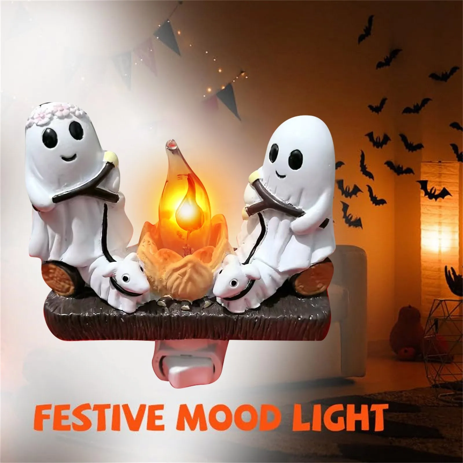 Fashionable Ghost Campfire Nightlight Ghost Campfire Flickering Plug In Night Light Halloween Ghost Pumpkin Night Light